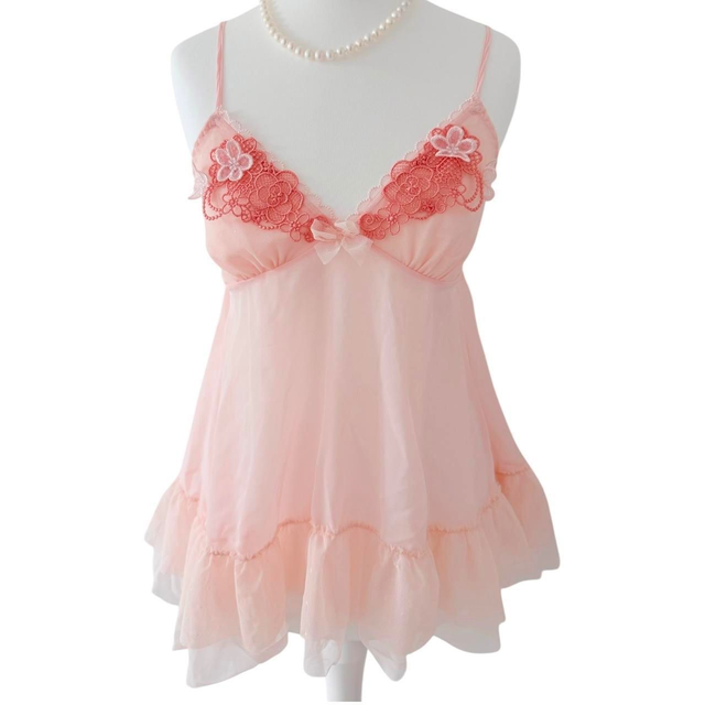 coquette pink floral ruffle babydoll embroidered cups cami