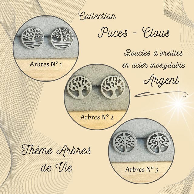 Clous d&#039;oreilles - Thème Arbres de vie - Acier Argent