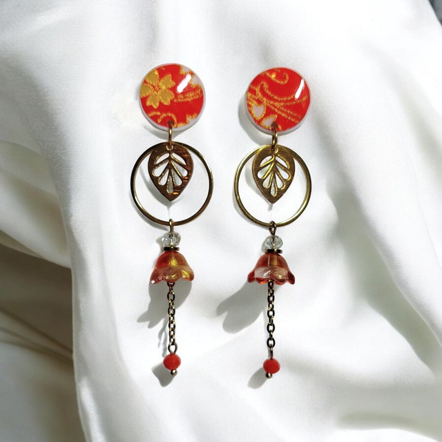 Boucles d'oreilles pendantes motifs japonais orange
