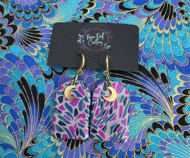 Purple Mosaic Polymer Clay Huggy Hoop Earrings