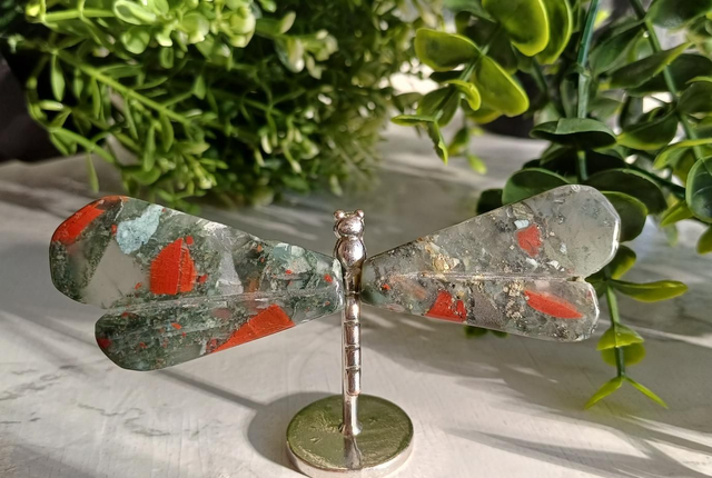 African Bloodstone Dragonfly on Silver Standp