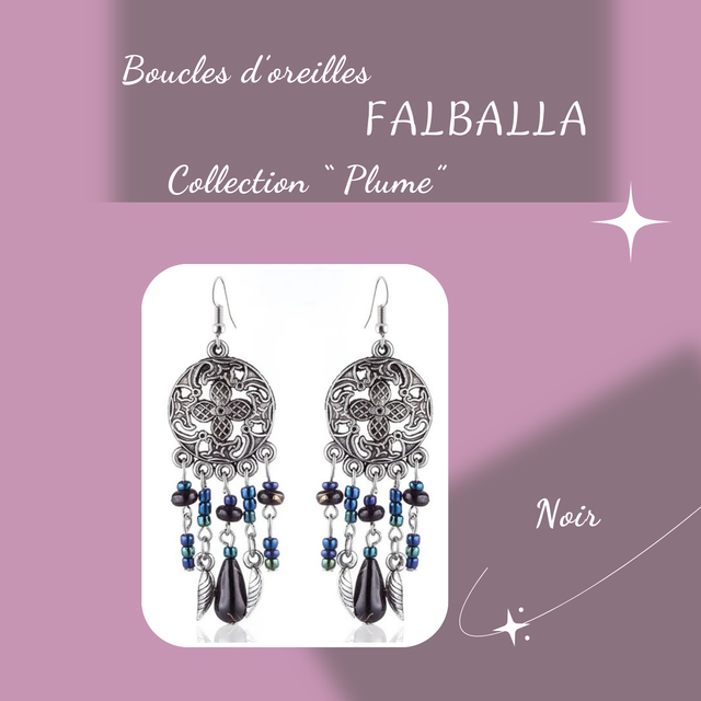 Boucles d&#039;oreilles FALBALLA - Collection Plume - Noir