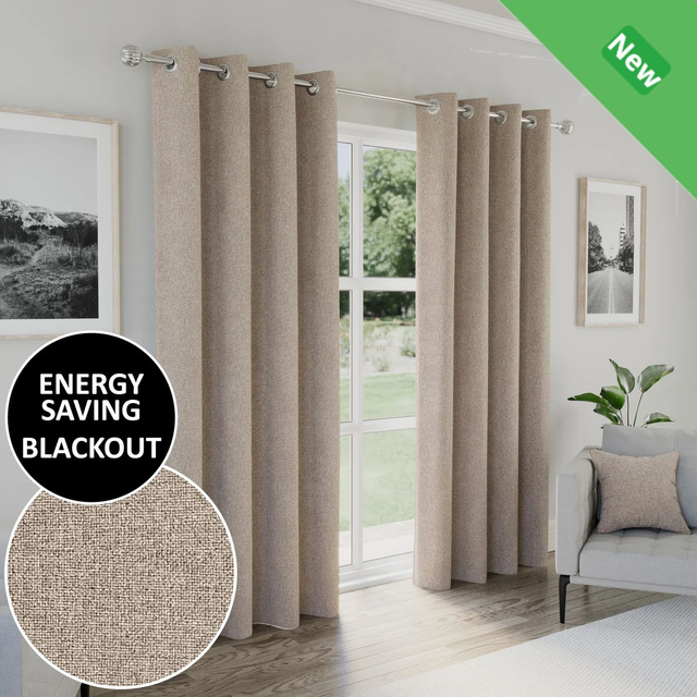 Enhanced Living Austin Natural 100% Blackout Textured Linen Look Readymade Eyelet Curtains