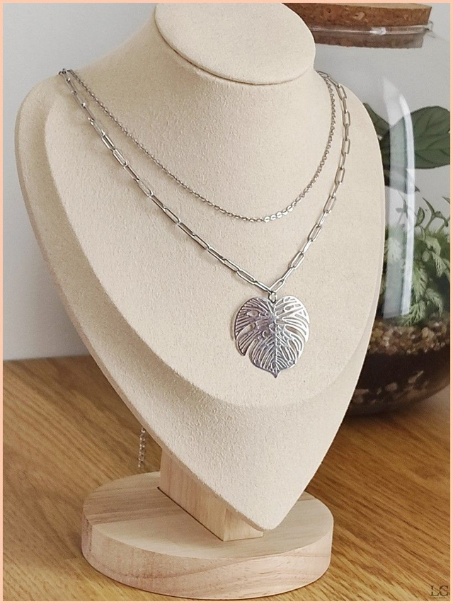 Collier double rang feuille de Monstera