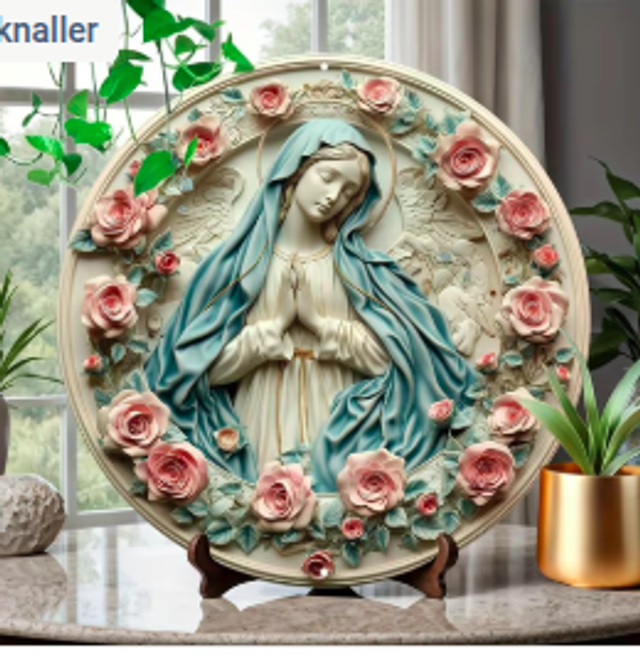Wanddecoratie metalen bord Maagd Maria (20cm diameter)