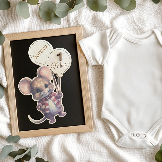 Carte étape bébé originale en bois motif souris ballons. 