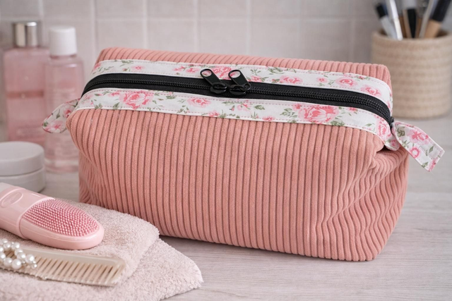 Trousse de toilette en velours côtelé rose 