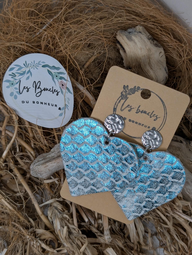 Boucles d&#039;oreilles Coeur ❤️ bleu écailles c1013