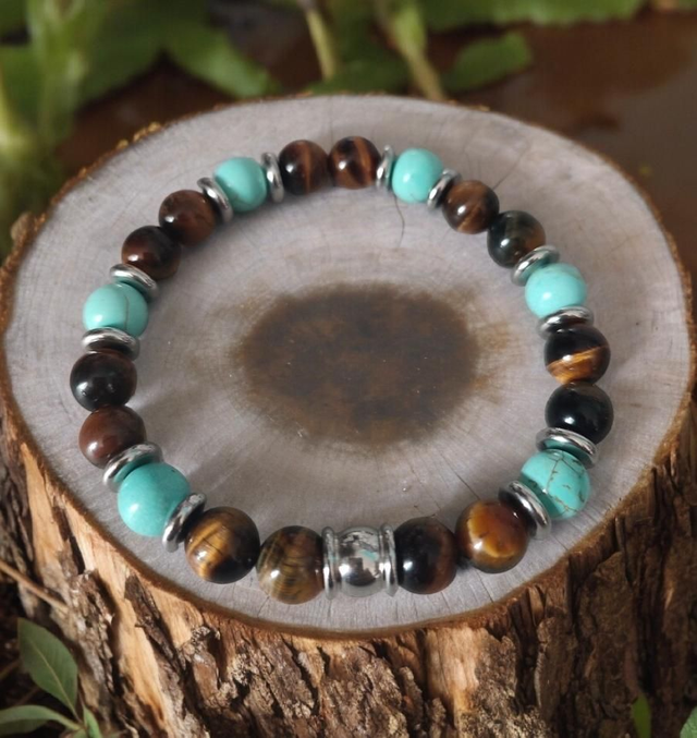 Bracelet Oeil de tigre/Howlite Turquoise - Force & Sérénité
