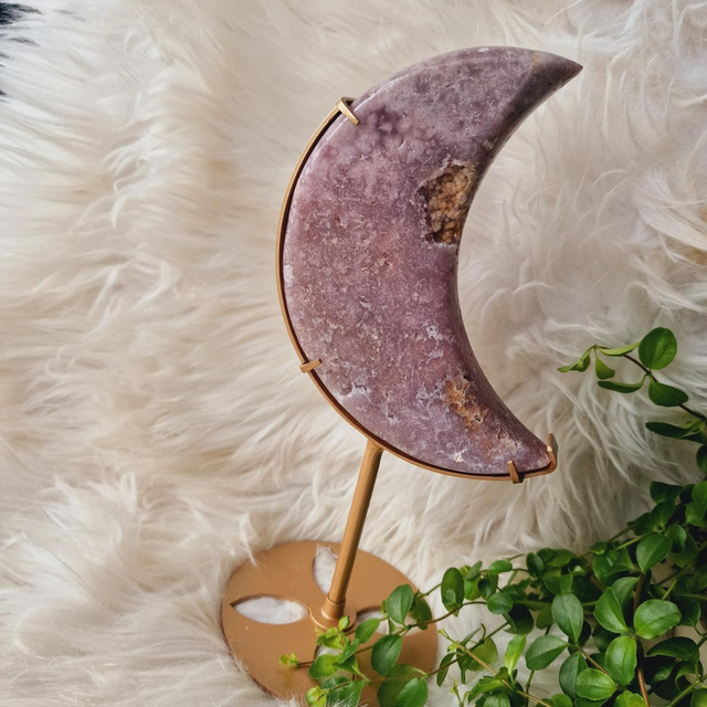 Pink Amethyst Moon on Gold Stand 600g