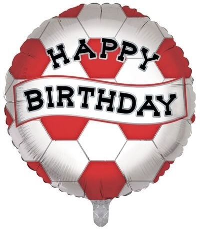 18" ROUND RED AND WHITE SOCCER HAPPY BIRTHDAY FOIL