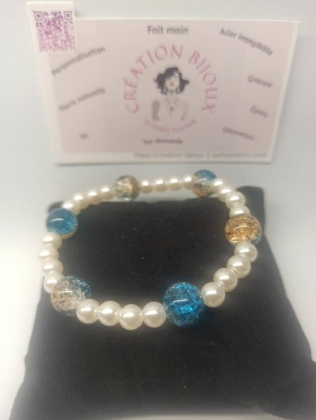 Bracelet en perle bleu /doré et blanc 