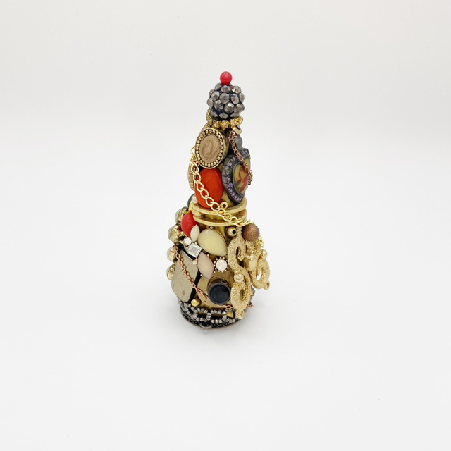 Mini Xmas Jewelled Christmas Tree Gold On Ring Stand With Brown Topper &amp; Red Accents  Unique Handmade Decoration