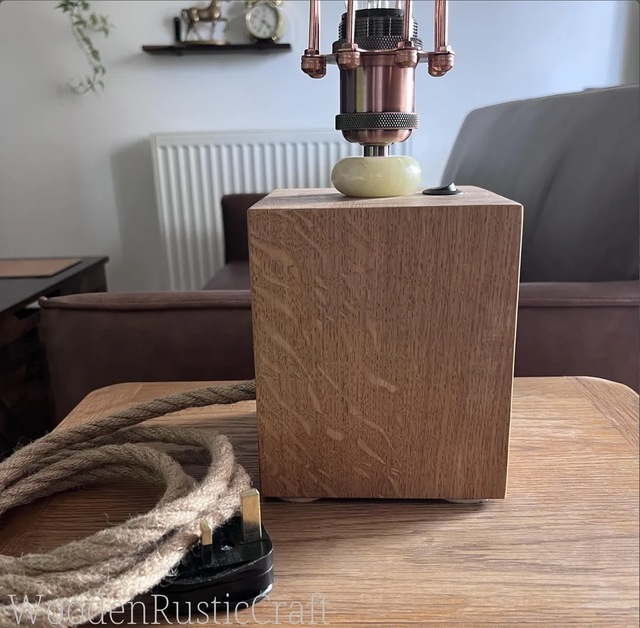 Large, Heavy Oak Cube Lamp with Metal Bulb Guard