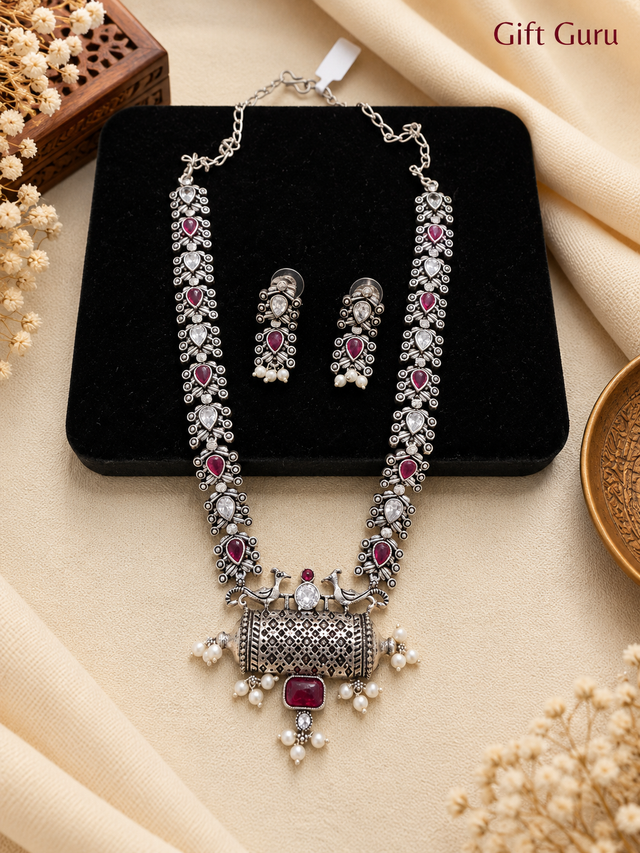 Oxidised Silver Necklace and Matching Earrings Set with Red Stones 