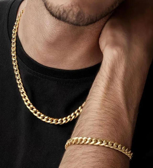Ensemble Bracelet &amp; Collier Maille Cubaine en Acier Inoxydable Hypoallergénique - Homme