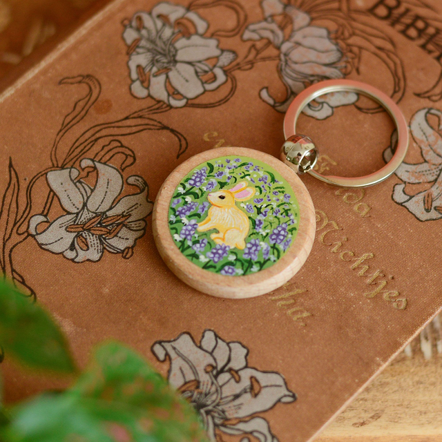 &quot;A White Rabbit&quot; Hand-Painted Wooden Keychain