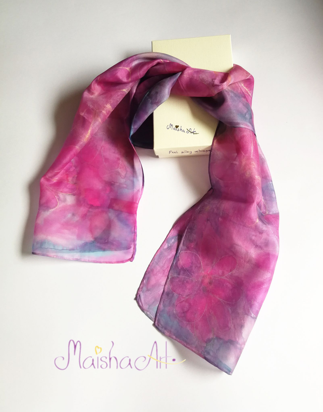 Unikaten, Ročno poslikan Svilen Šal, Živahne Rože