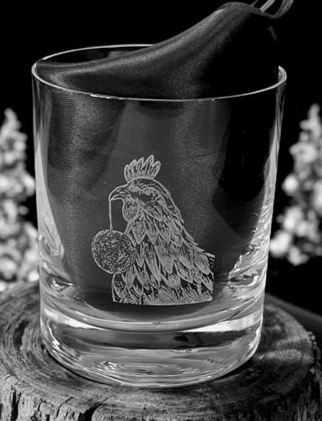 'Chicken &amp; Bauble etched glass' 