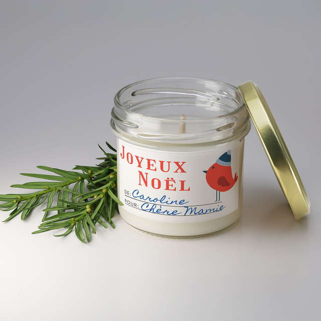 Bougie artisanale parfumée en cire de soja avec étiquette personnalisée - Cadeau pour Noël, Nouvel An, Fêtes de fin d&#039;année, 100g (CJN28)