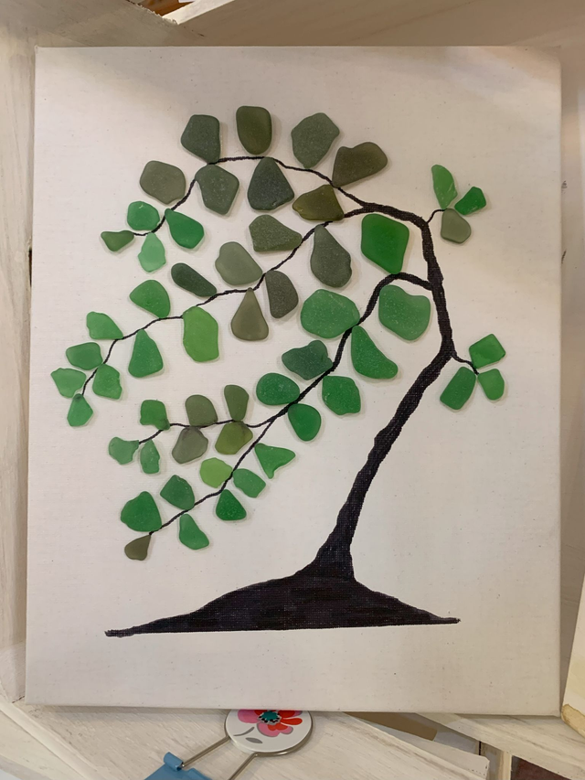 Weeping Willow Sea Glass Picture on Canvas approx 20 x 25cm