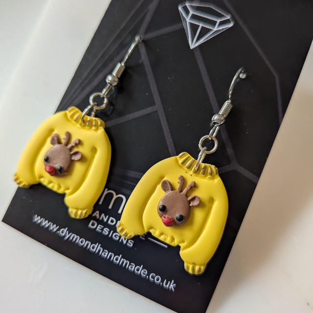  Christmas Sweater - yellow reindeer dangle earrings