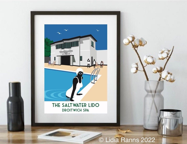 The Saltwater Lido - Droitwich Spa Art Deco vintage style Limited Edition giclee Art print from original art by Lidia Ranns.