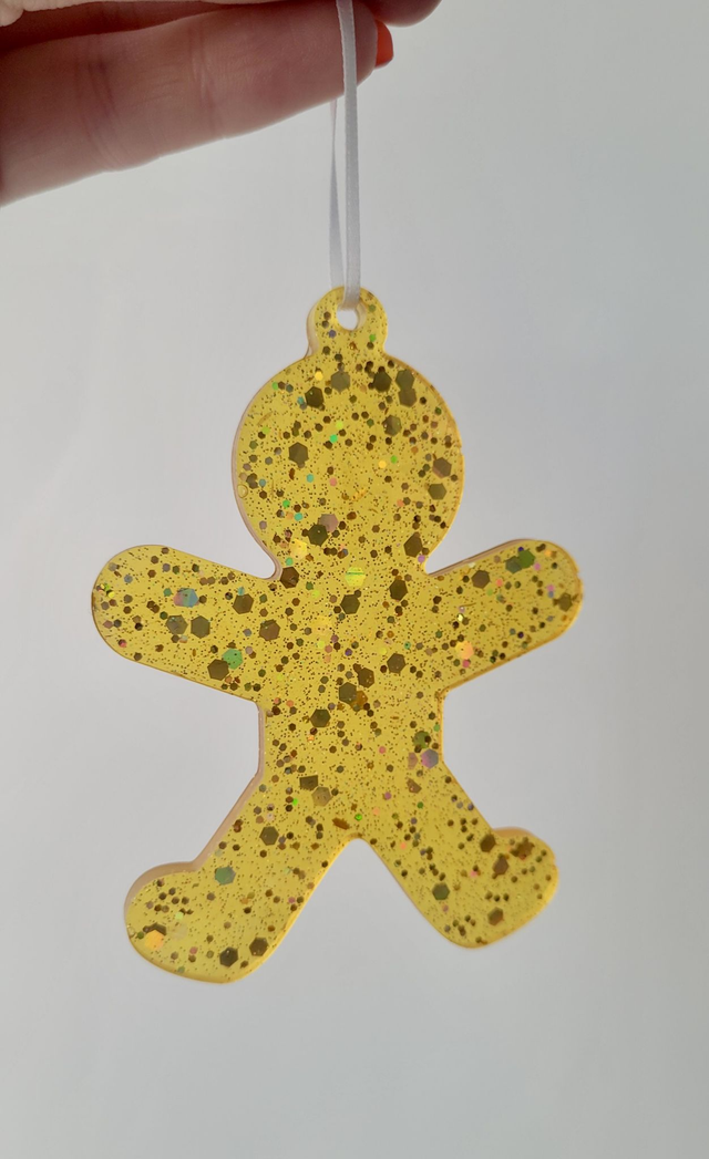 Gingerbread Man Christmas Tree Bauble Decoration - Biscuit Yellow Glitter