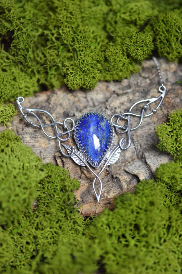 Collier Elfique - Lapis lazuli, feuilles simples