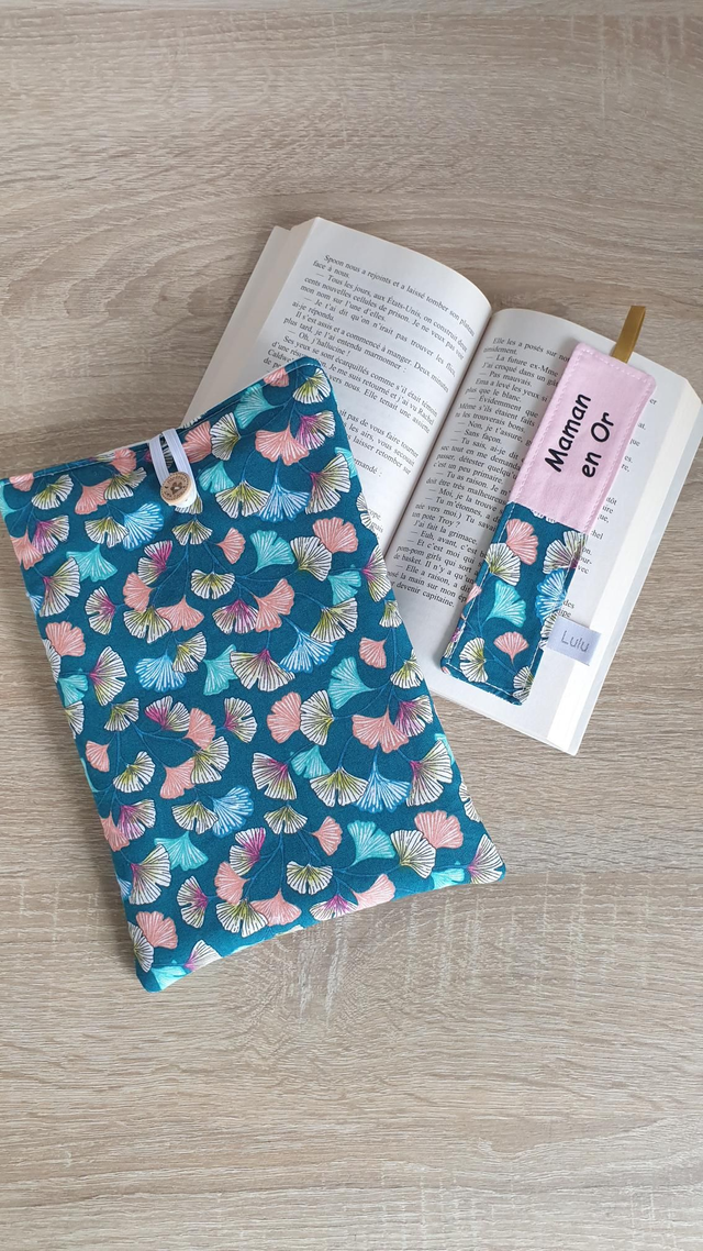 Pochette à livre + marque pages ginkgo bleu