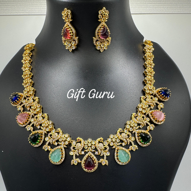 PREMIUM FLOWER DESIGN WITH MULTI STONE NECKLACE