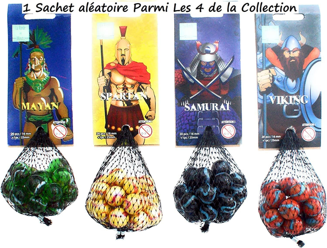 Un Sachet de 20 Billes + 1 Calot à thème pour Enfant et Cours d'école (Warriors) - (1 Sachet aléatoire Parmi Les 4)