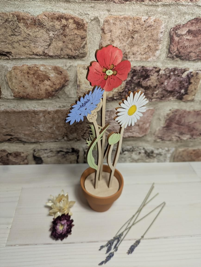Triple British Bloom in Terracotta Pot Wooden Flowers