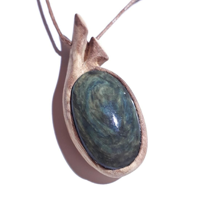 Manto Huichol Obsidian Necklace With Hand Carved Palo Santo Wood 