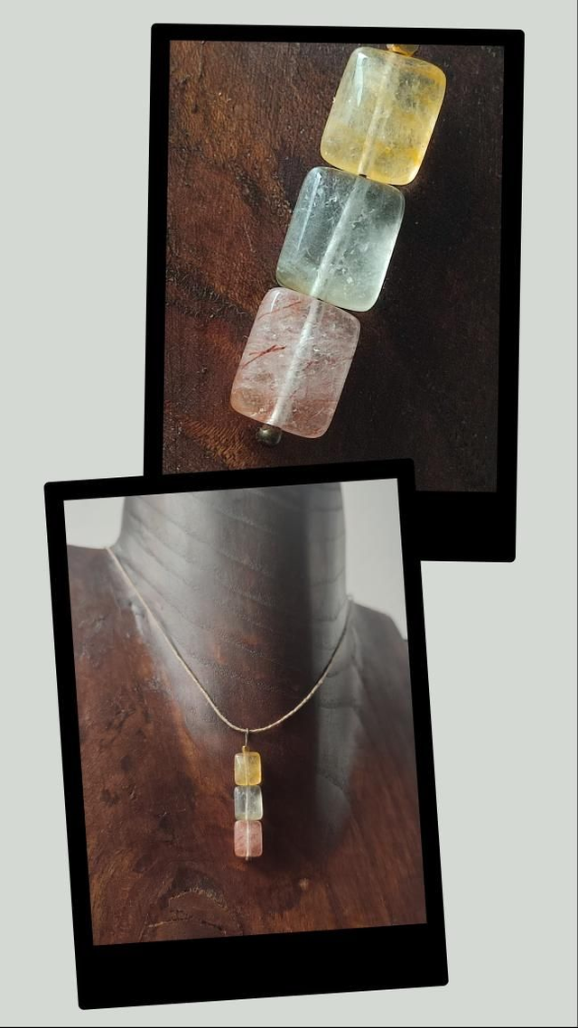 Collier : agate, citrine, cristal de roche :pierres naturelles monté sur fil de lin réglable, avec chaîne d'extension, pièce unique 