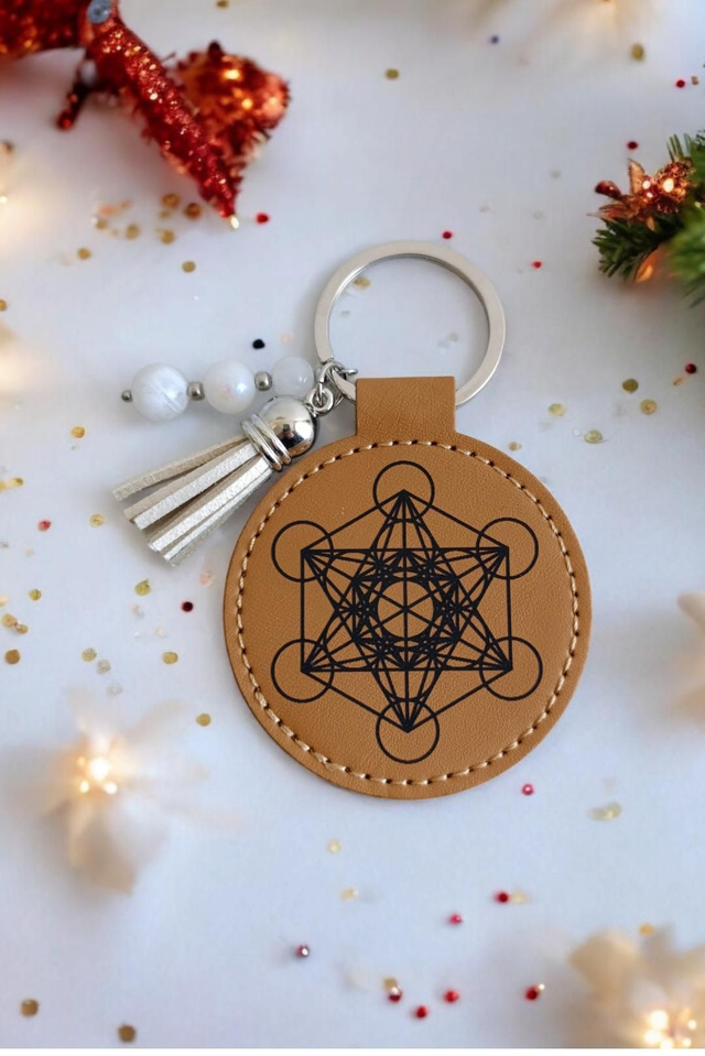 Porte-clé simili cuir pierre de lune et cube de metatron
