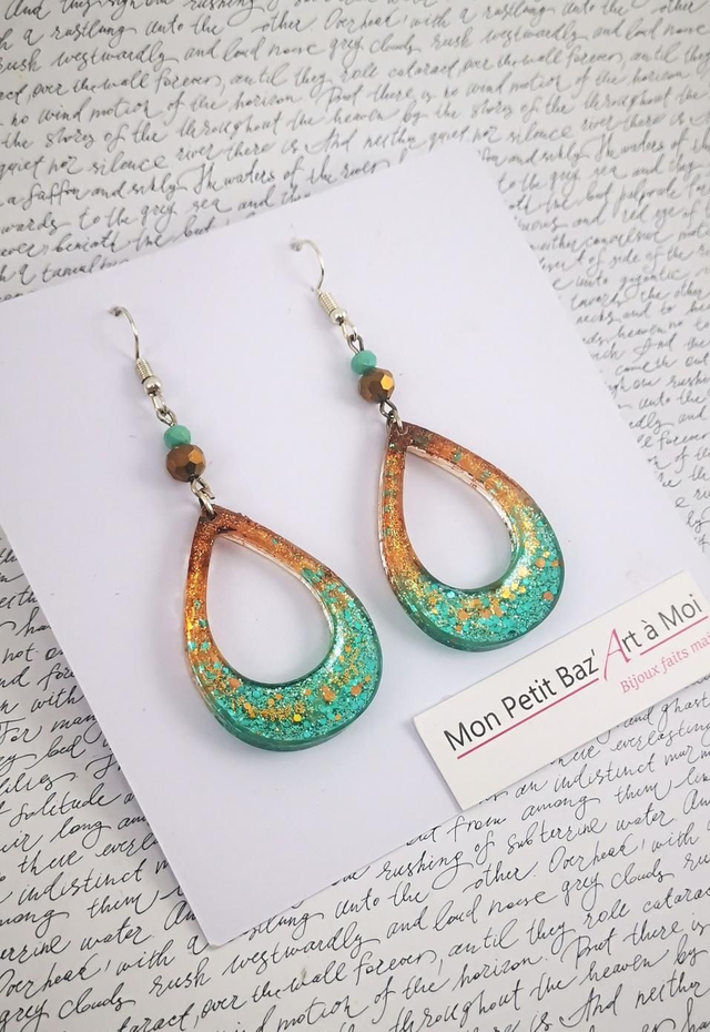 Boucles d'oreilles Gouttes VPM4 vert lagon brun noisettes 
