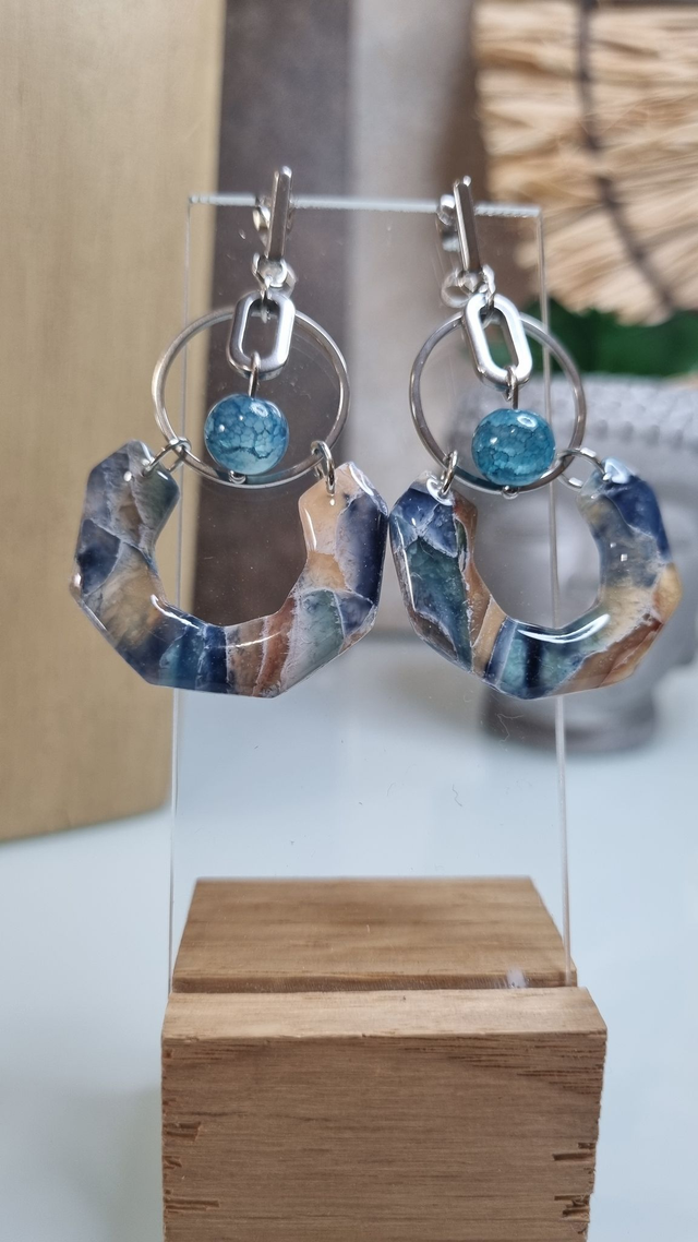 Boucles d'oreilles bleu océan ennéagone