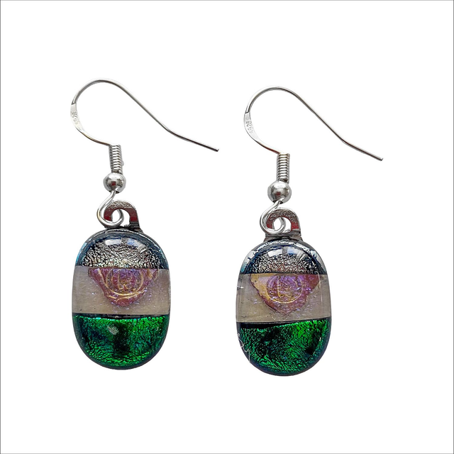Drop earrings in a mix of dichroic silver and green glass with translucent in-between (Ref EDS6 )