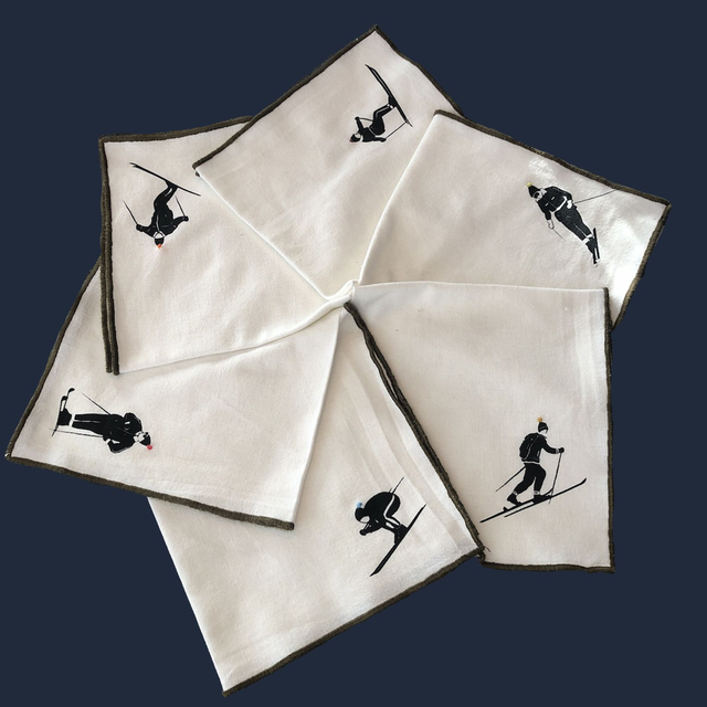 lot de deux serviettes sérigraphies et brodées, blanc naturel, bourdon kaki 40X40cm