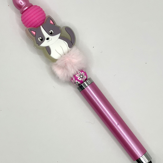 S71 - Stylo à perles chat blanc et gris
