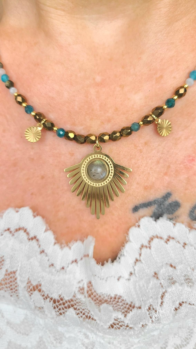 Collier Apatite • Œil de Faucon • Pyrite • Quartz Rose • Pierre de Lune • Labradorite – Harmonie & Clarté