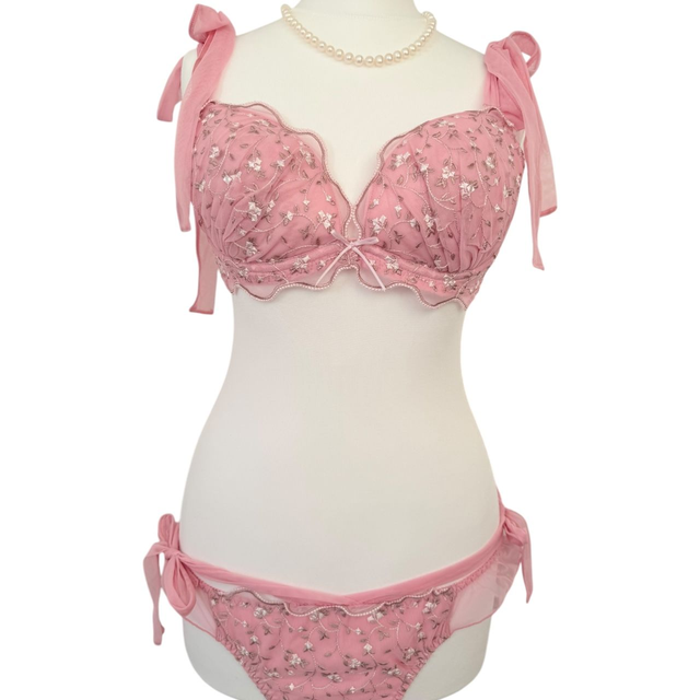 Pink Floral Embroidered Japanese Bra + Underwear Set UK 34C 