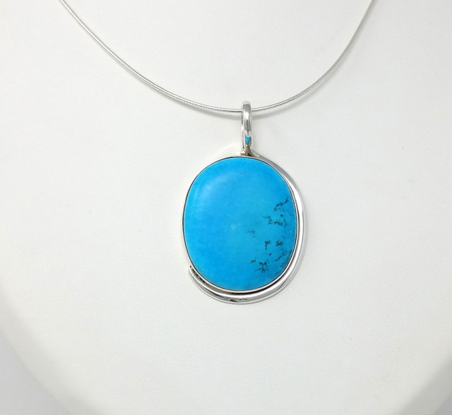 PENDENTIF CABOCHON OVALE TURQUOISE ARGENT MASSIF - VENDU SANS CHAINE - 25663O