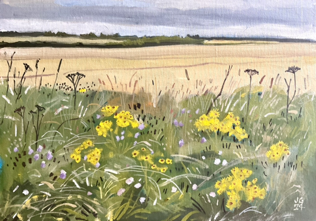 August verge below harvested fields, 14x10 inch oil on canvas board.