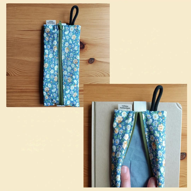 Stiftemäppchen/Etui mit Reißverschluss, 8×19cm, Gummiband zum Befestigen an z.B. Kalender, Schlaufe zum Aufhängen, Blumen