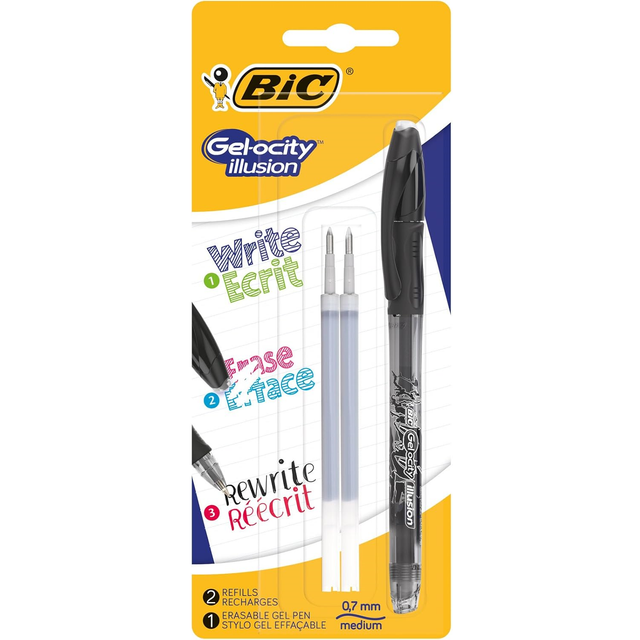 BIC Ecriture Gel-ocity Illusion Stylo Gel Effaçable Pointe Moyenne (0,7 mm) - Noir, Blister de 1 + 2 Recharges