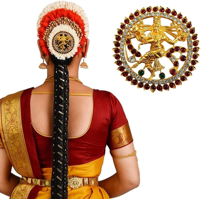 Gold Plated Nataraja Hair Bun Clip | Classical Dance Ragidi with Kemp Stones