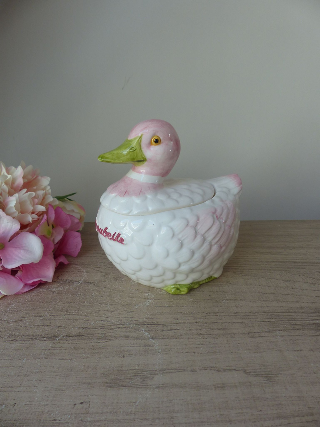Poubelle de Table Vintage en Barbotine – Canard en Céramique Rose, Blanc et Vert – Vide-Poche ou Boîte Décorative Originale pour Cuisine