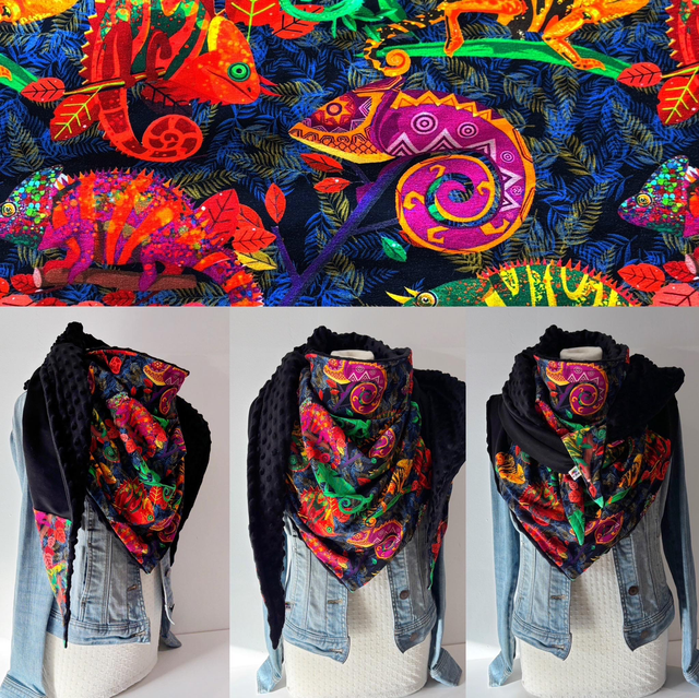 Maxi chèche, châle , écharpe multicolore et noire doublée en polaire minky noire "Happy Iguane